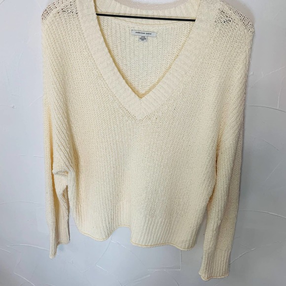 Off White American Eagle Oversized V Neck Long Sleeve Knit Sweater - Picture 3 of 4